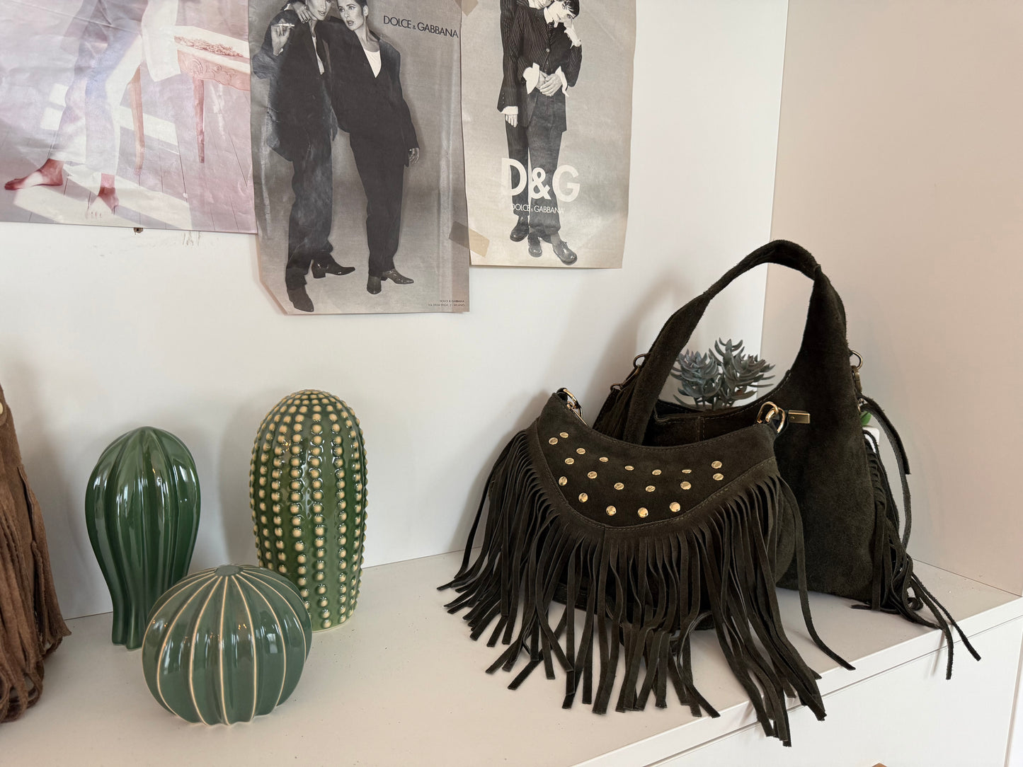Borsetta “hobo borchie” scamosciata con frange - Verdone - in vera pelle