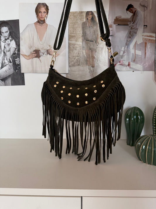 Borsetta “hobo borchie” scamosciata con frange - Verdone - in vera pelle