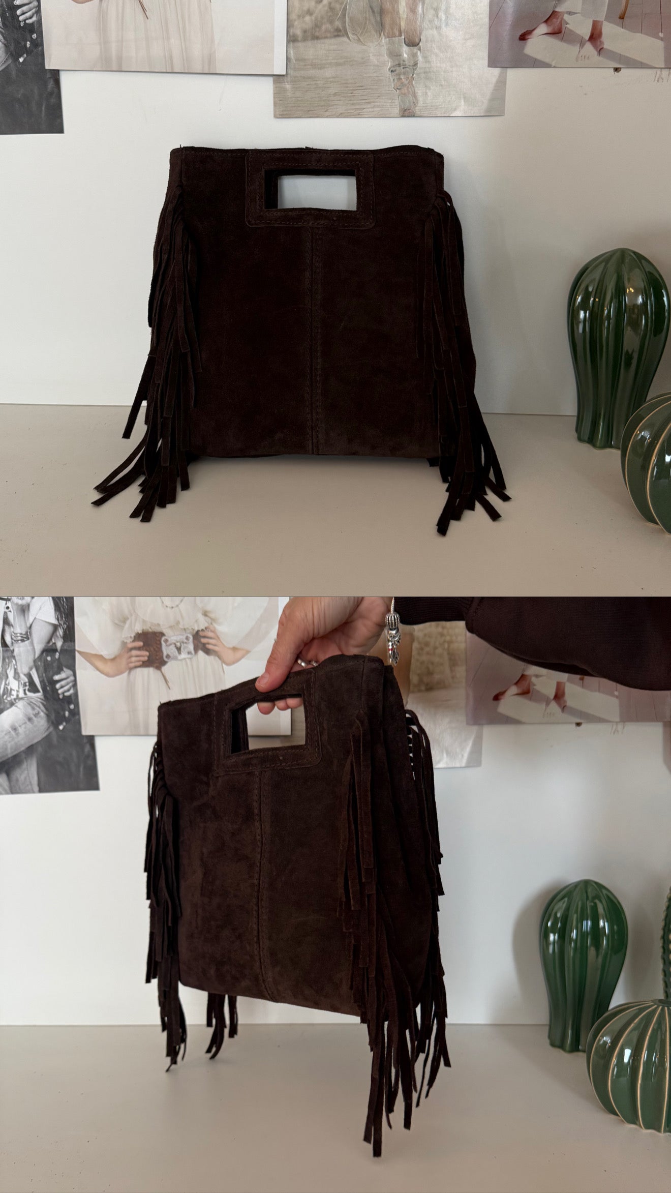 Borsetta “square” scamosciata con frange - Marrone - in vera pelle