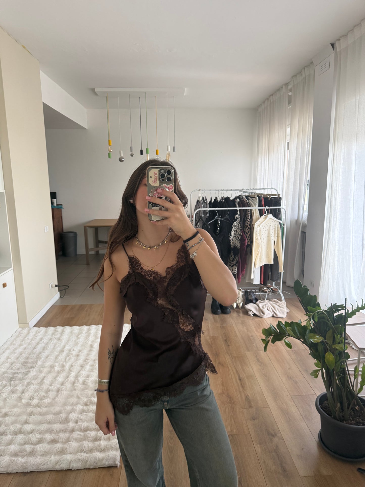 Canottiera satin e pizzo - MARRONE