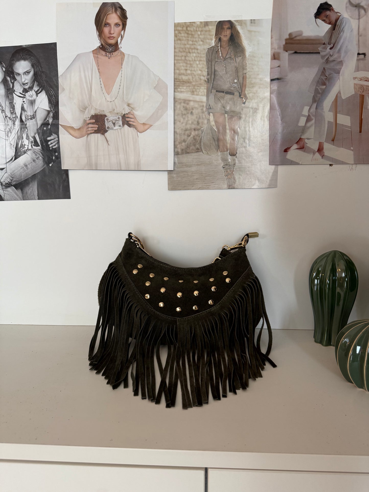 Borsetta “hobo borchie” scamosciata con frange - Verdone - in vera pelle