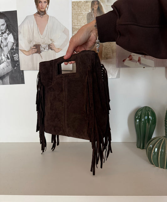Borsetta “square” scamosciata con frange - Marrone - in vera pelle