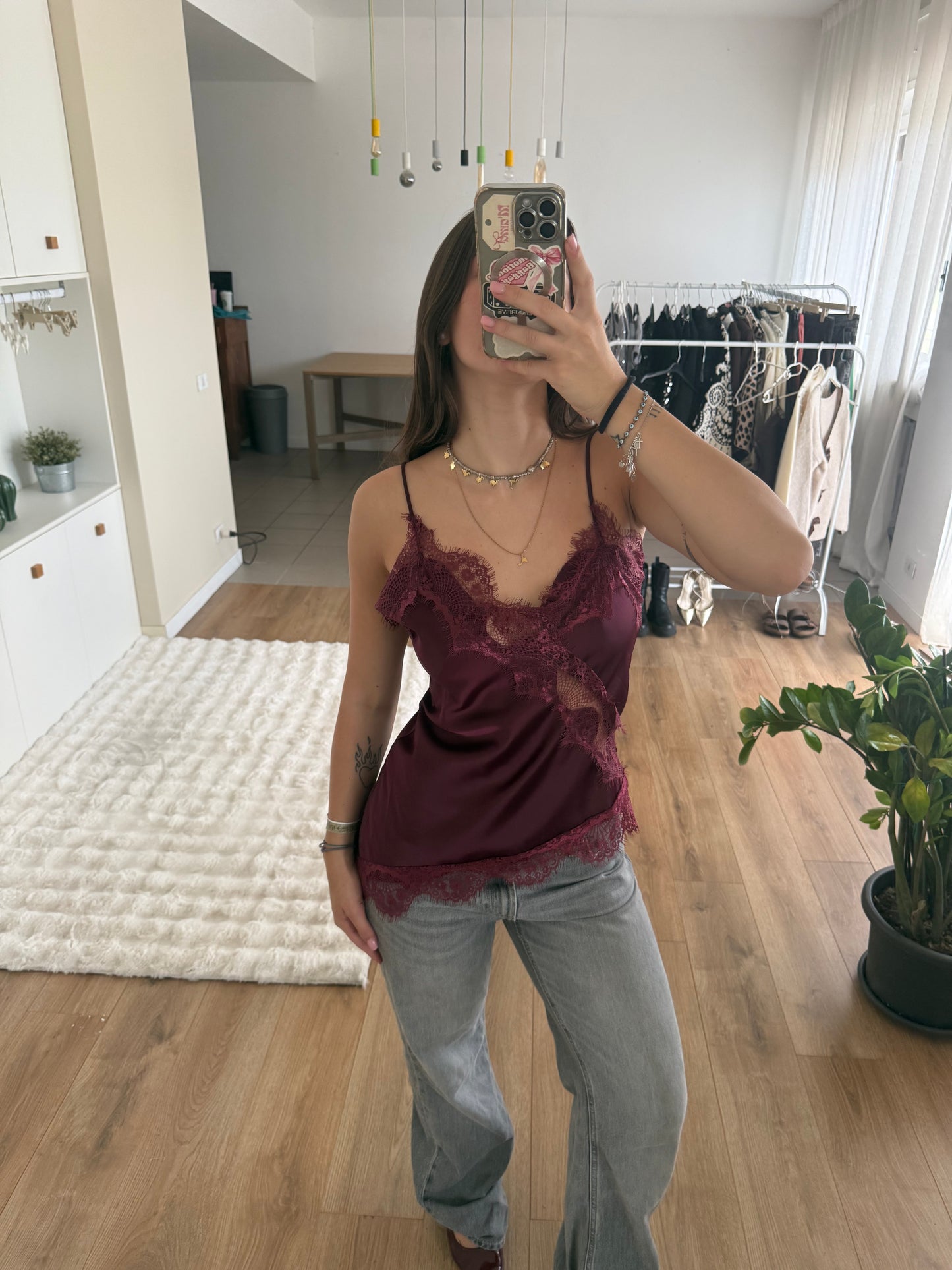 Canottiera satin e pizzo - BORDEUX