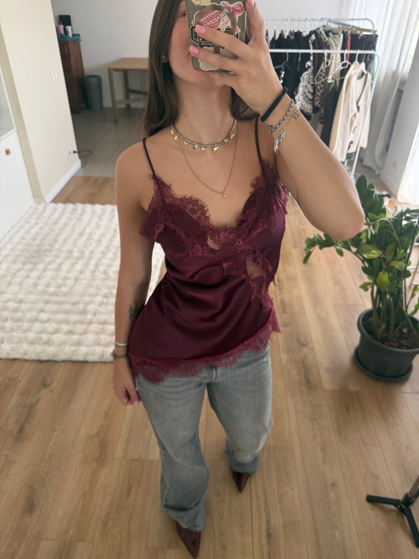 Canottiera satin e pizzo - BORDEUX