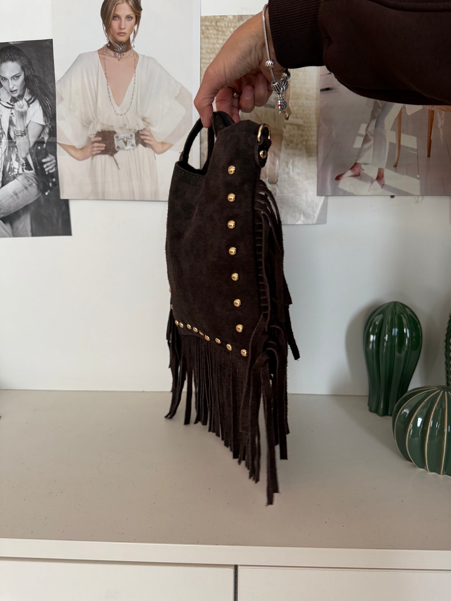 Borsetta “borchie” scamosciata con frange - Marrone - in vera pelle