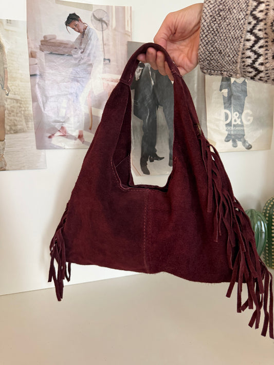 Borsetta “hobo” scamosciata con frange - Bordeux - in vera pelle