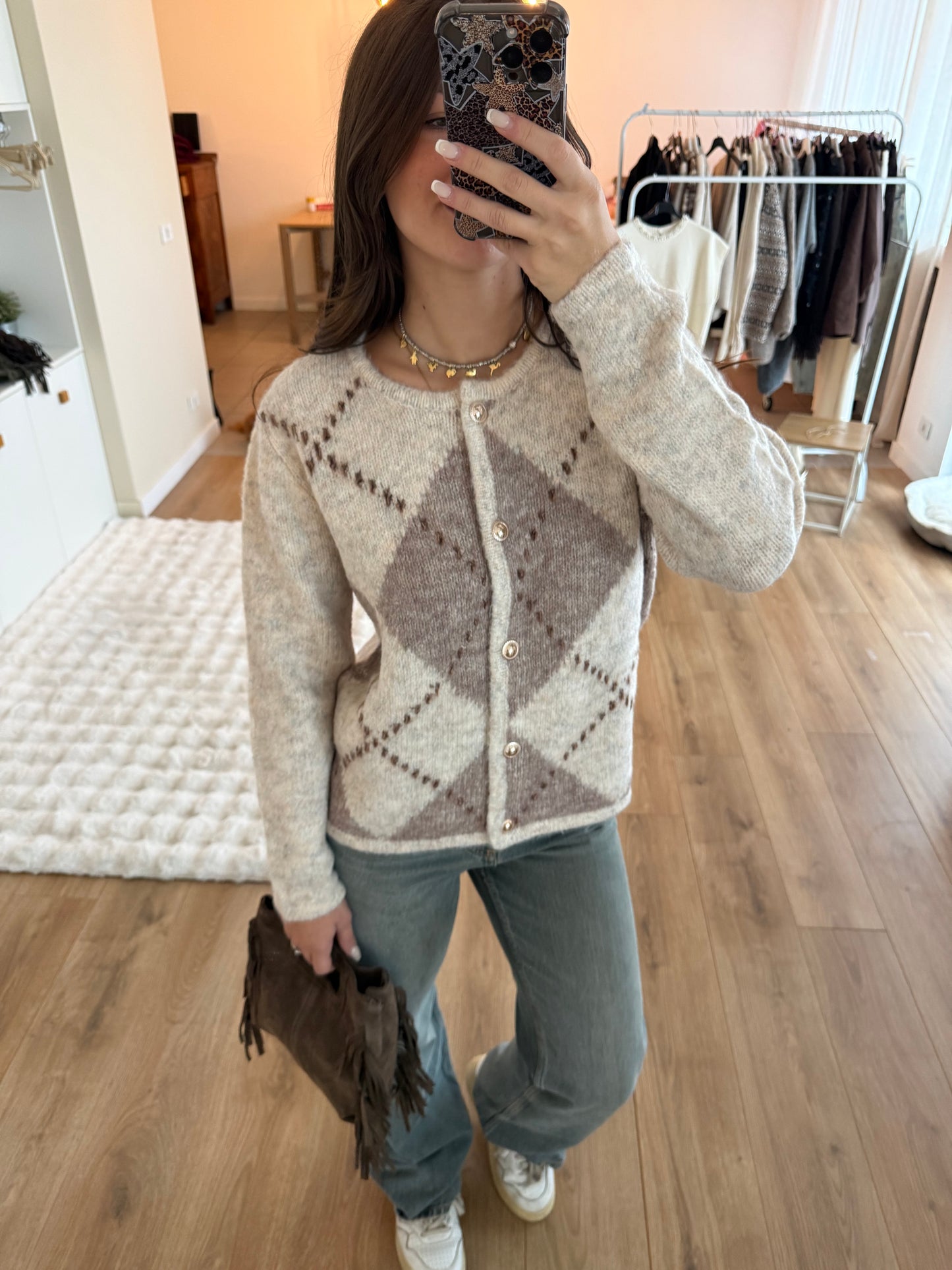 Maglione/Cardigan scozzese - Panna e Tortora