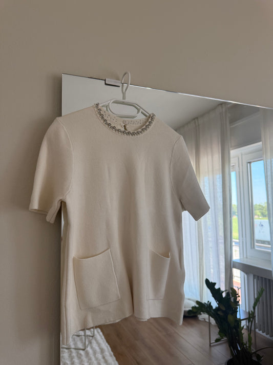 T-shirt / maglioncino con tasche e dettaglio girocollo - PANNA