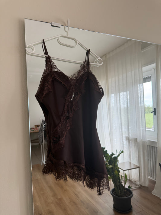 Canottiera satin e pizzo - MARRONE