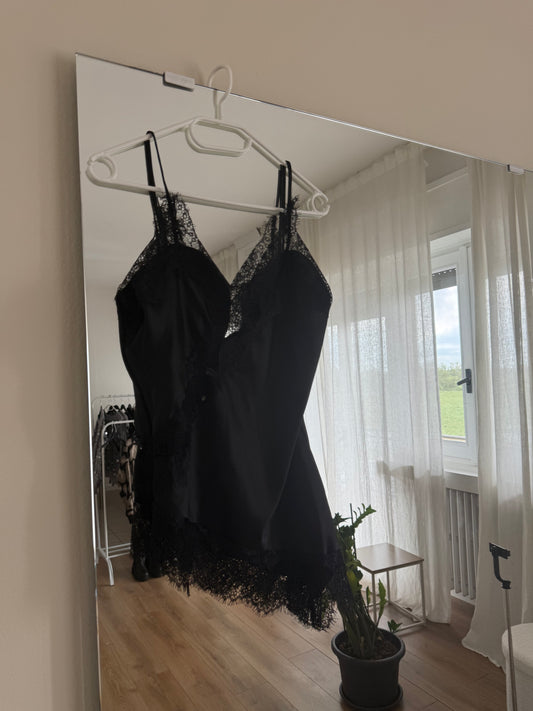 Canottiera satin e pizzo - NERO