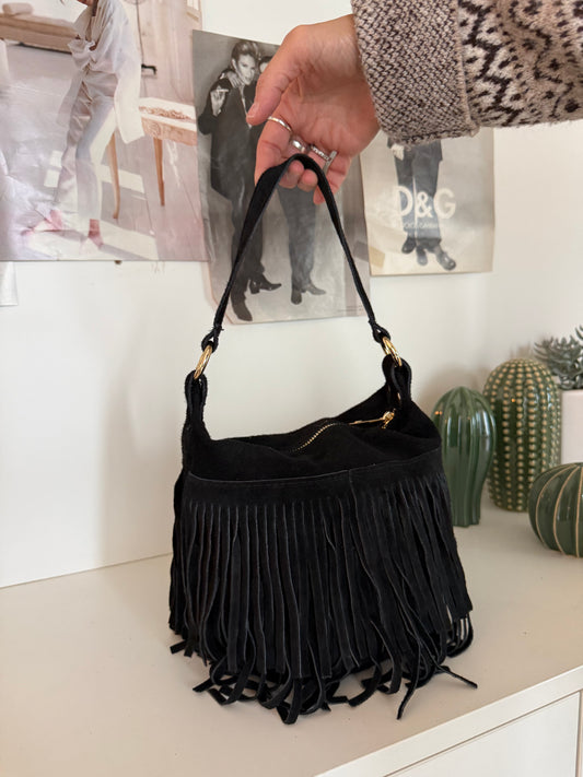 Borsetta “secchiello” scamosciata con frange - Nero - in vera pelle